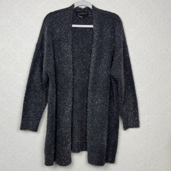 Lane Bryant Sweaters - Lane Bryant Fuzzy Open Front Cardigan Gray Metallic Knit Size 18 20 Holidays NYE